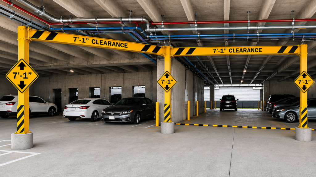 parking garage height restriction sysrwm - stop overseized vehicles from causing damage to overhead structure, cables, water lines