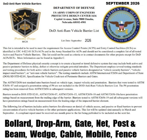 DOD CRASH BARRIER ANTI-RAM VEHICLE LIST